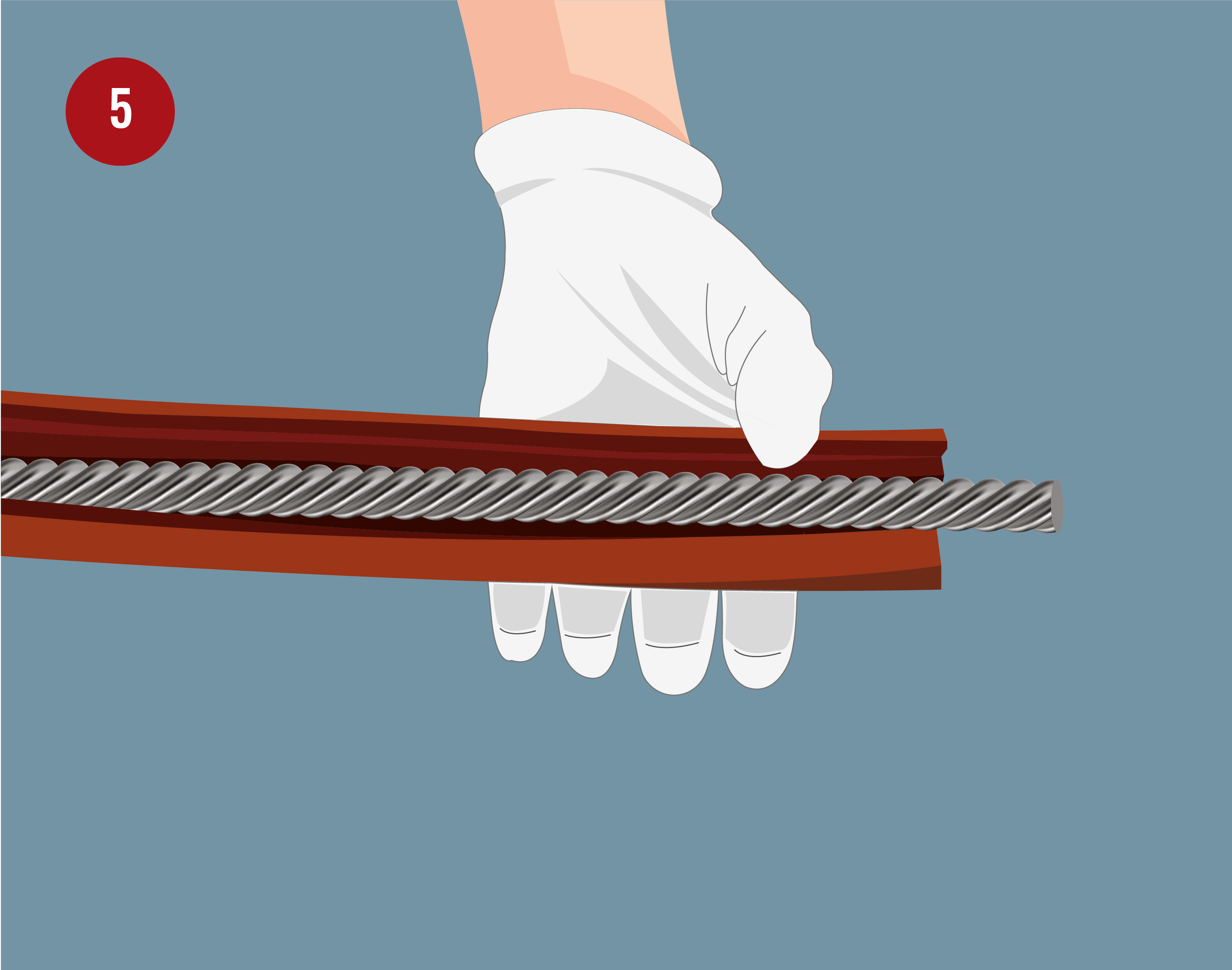 Step 5 of Centroid Polymer Technologies installation guide showing a person holding the coiled product with a metal wire inside, wearing gloves